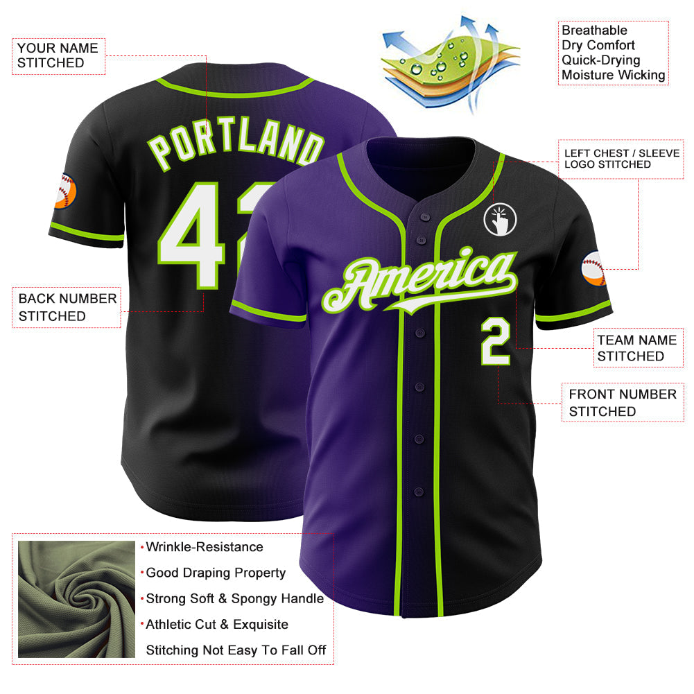 Custom Black White Purple-Neon Green Authentic Gradient Fashion Baseball Jersey view 3