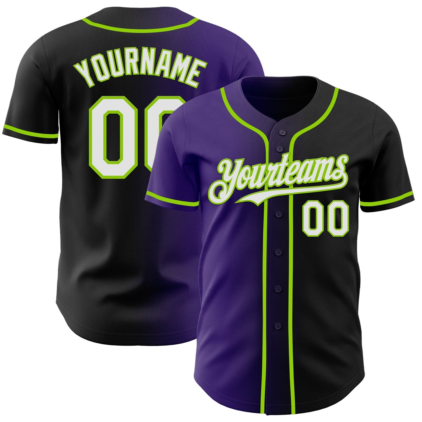 Custom Black White Purple-Neon Green Authentic Gradient Fashion Baseball Jersey - Main View