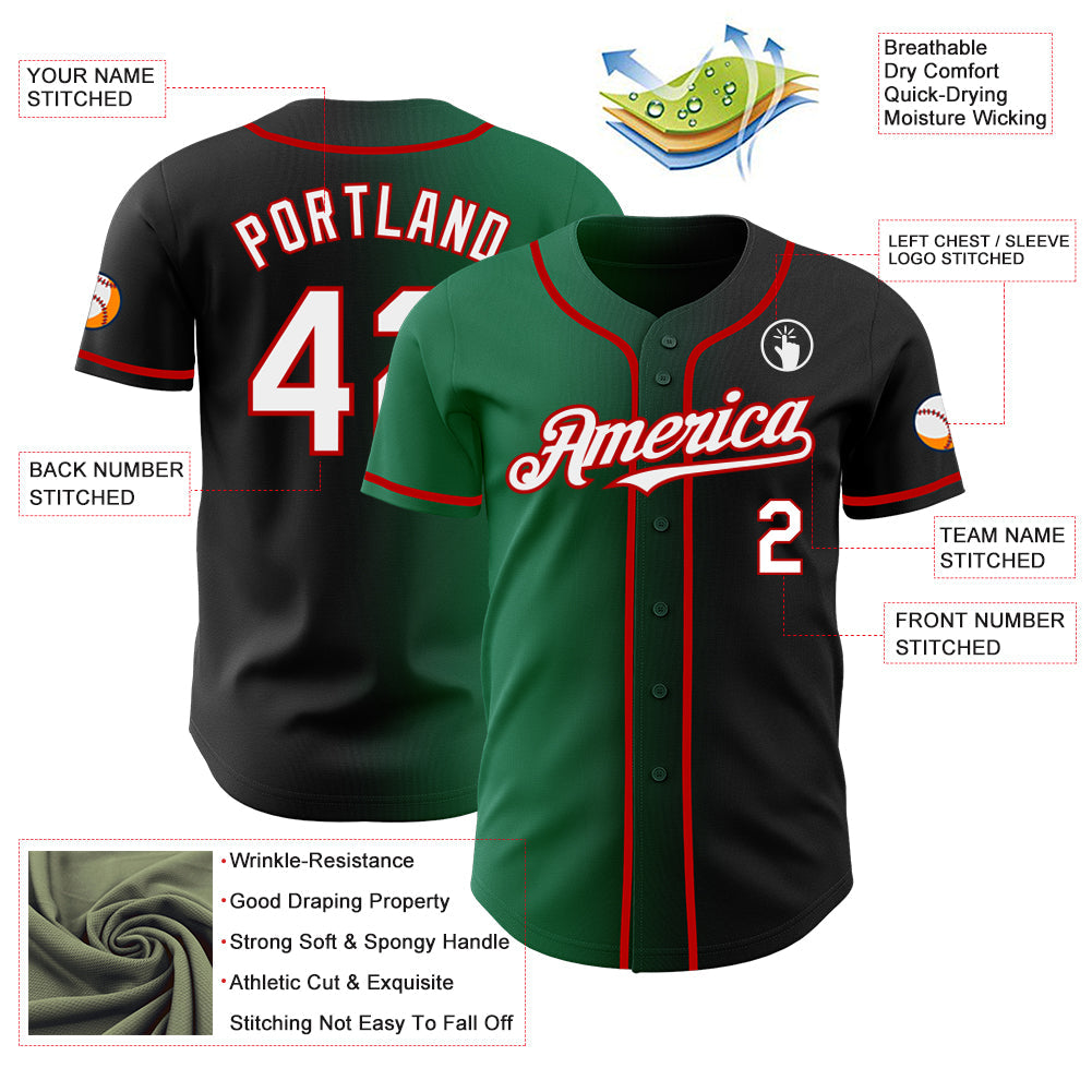Custom Black White Kelly Green-Red Authentic Gradient Fashion Baseball Jersey view 3