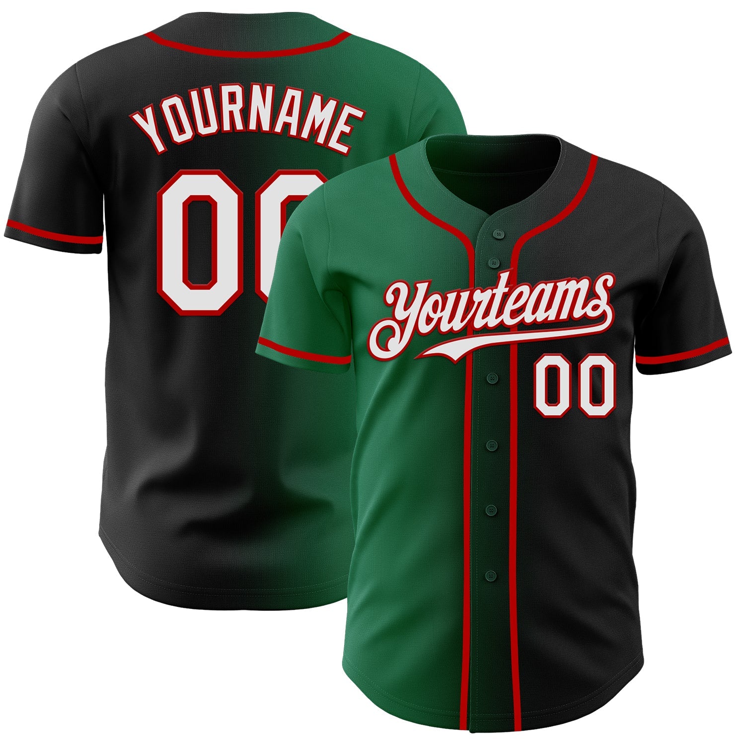 Custom Black White Kelly Green-Red Authentic Gradient Fashion Baseball Jersey - Main View