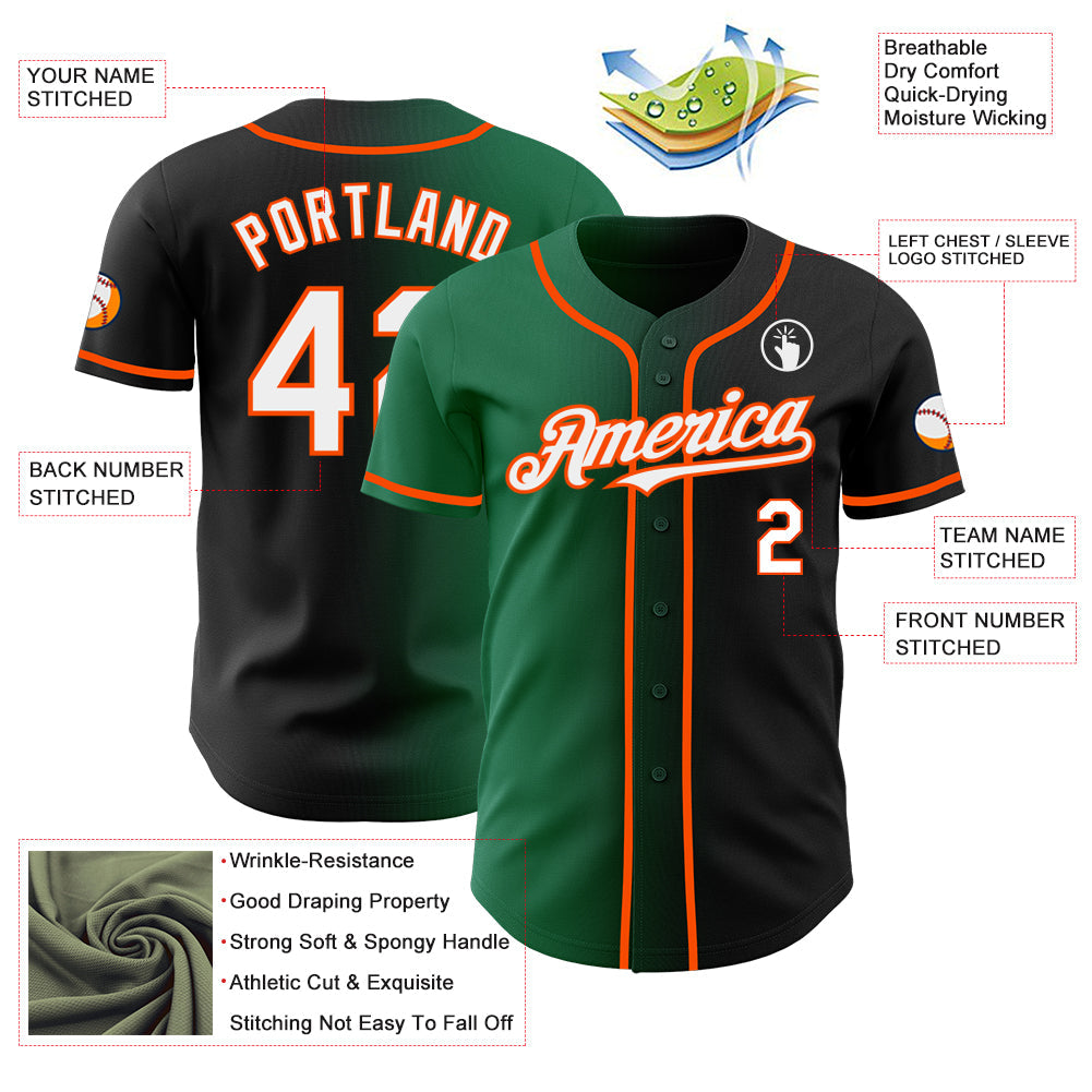 Custom Black White Kelly Green-Orange Authentic Gradient Fashion Baseball Jersey view 3