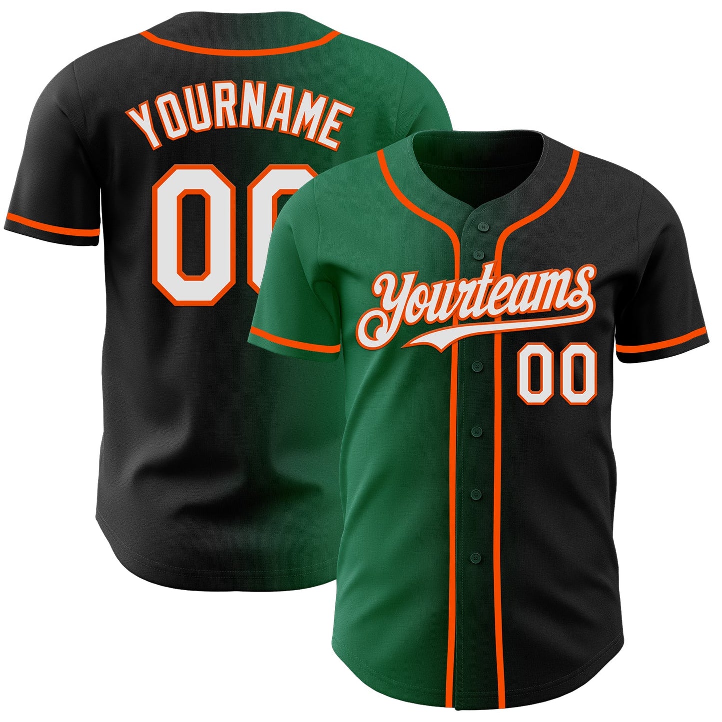 Custom Black White Kelly Green-Orange Authentic Gradient Fashion Baseball Jersey - Main View