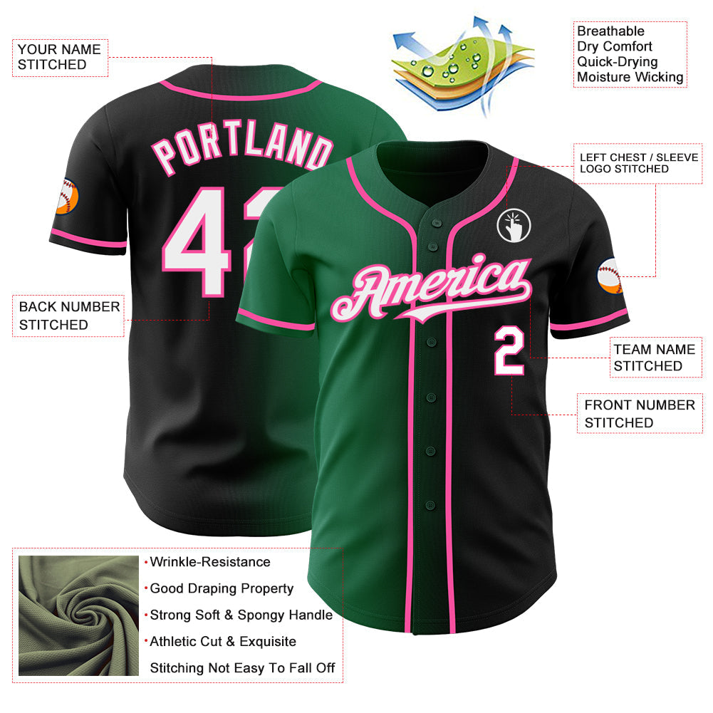Custom Black White Kelly Green-Pink Authentic Gradient Fashion Baseball Jersey view 3
