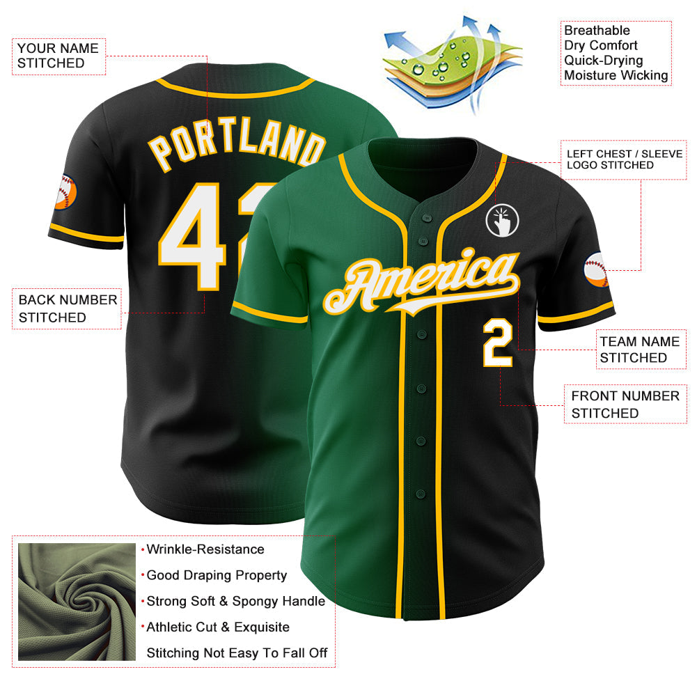 Custom Black White Kelly Green-Gold Authentic Gradient Fashion Baseball Jersey view 3