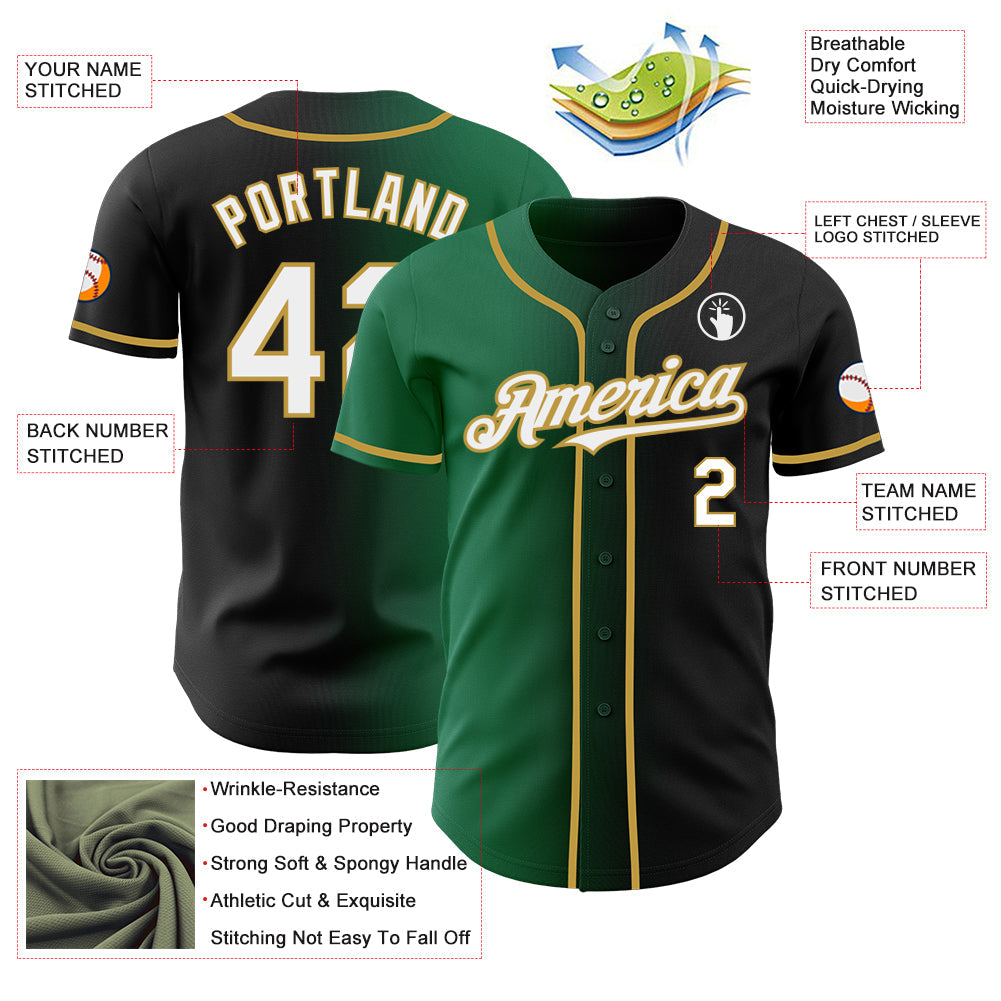 Custom Black White Kelly Green-Old Gold Authentic Gradient Fashion Baseball Jersey view 3