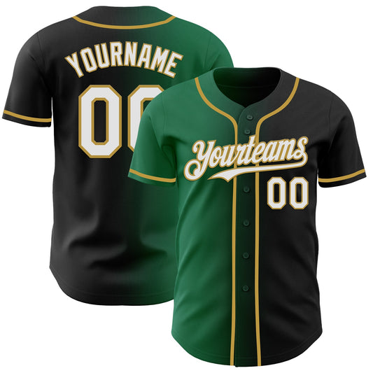 Custom Black White Kelly Green-Old Gold Authentic Gradient Fashion Baseball Jersey - Main View