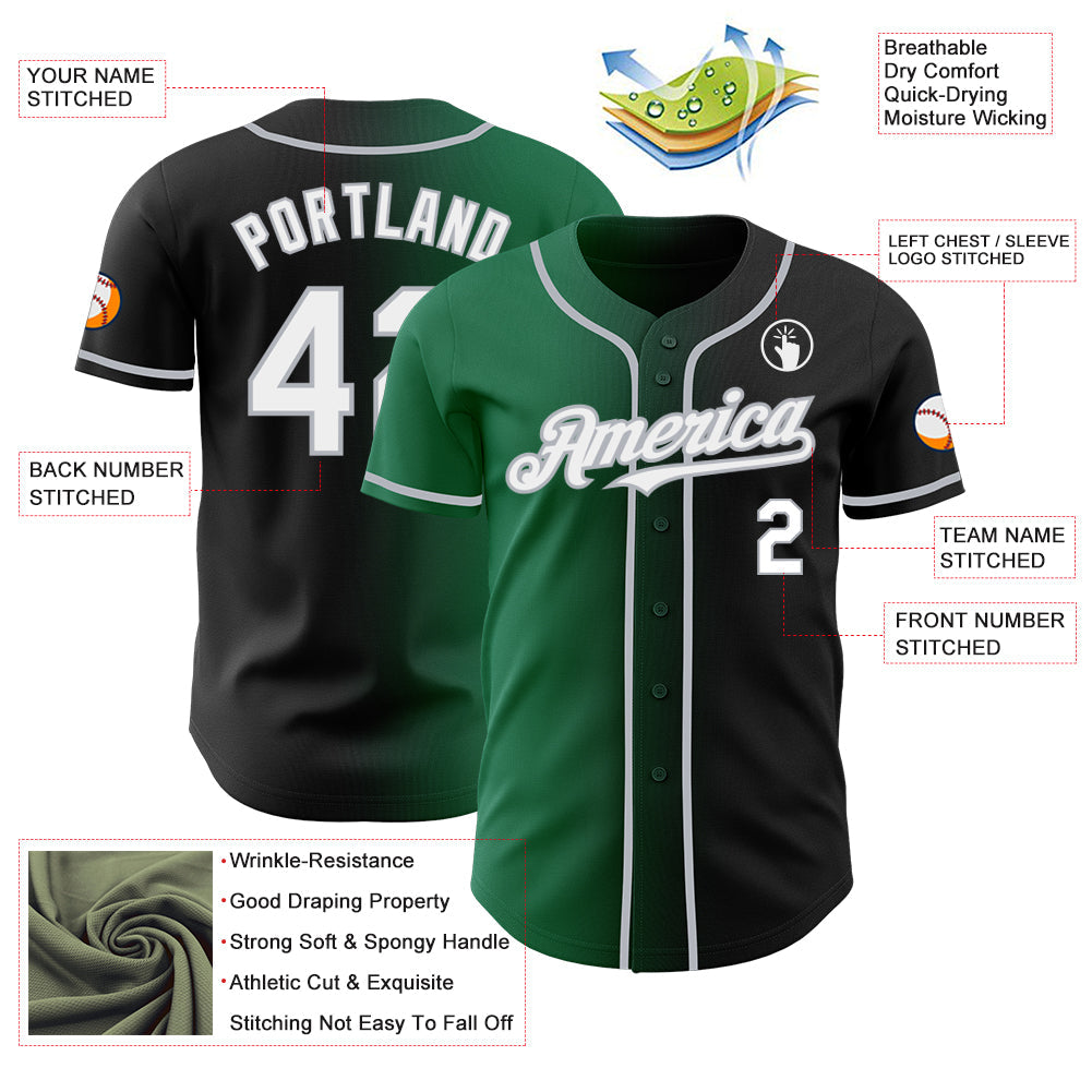 Custom Black White Kelly Green-Gray Authentic Gradient Fashion Baseball Jersey view 3