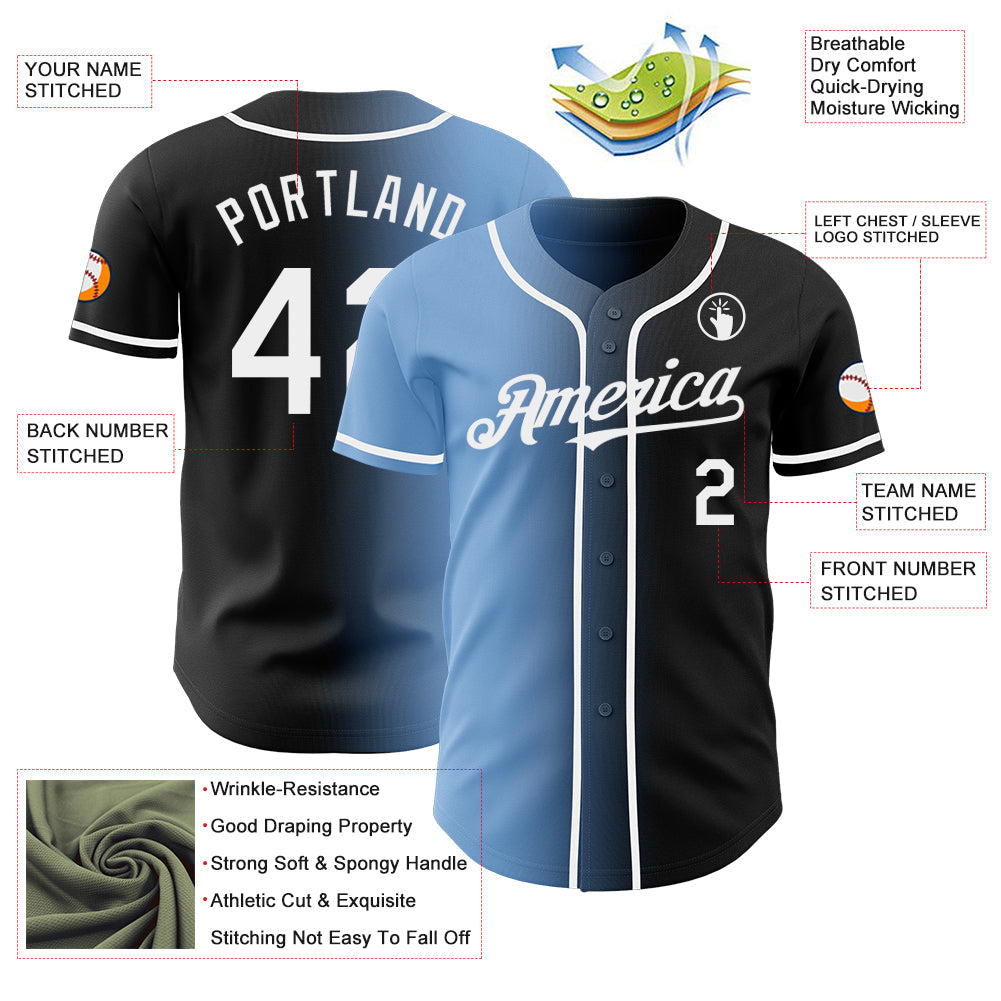 Custom Black White-Light Blue Authentic Gradient Fashion Baseball Jersey view 3
