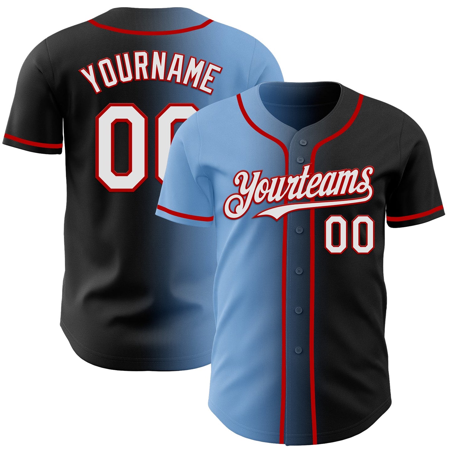 Custom Black White Light Blue-Red Authentic Gradient Fashion Baseball Jersey - Main View