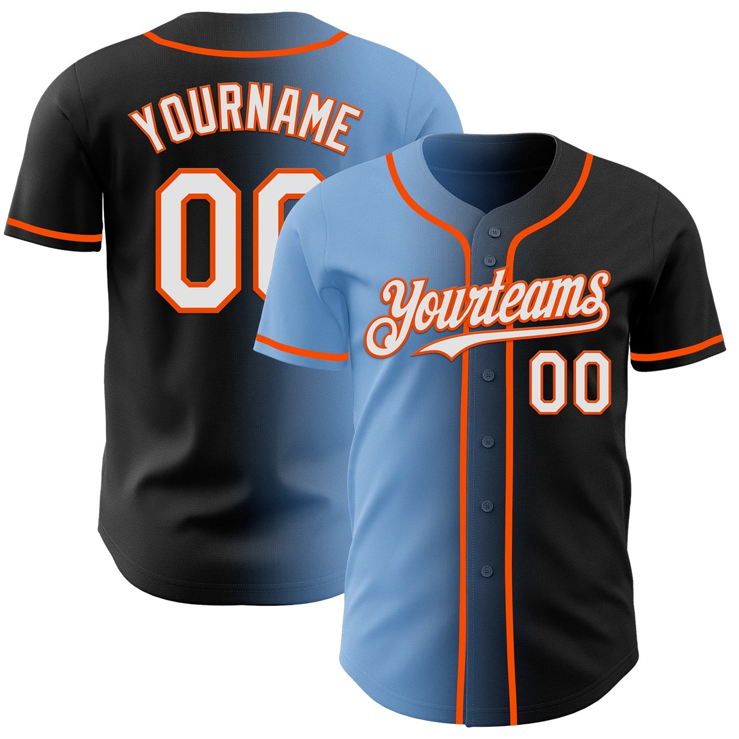 Custom Black White Light Blue-Orange Authentic Gradient Fashion Baseball Jersey - Main View