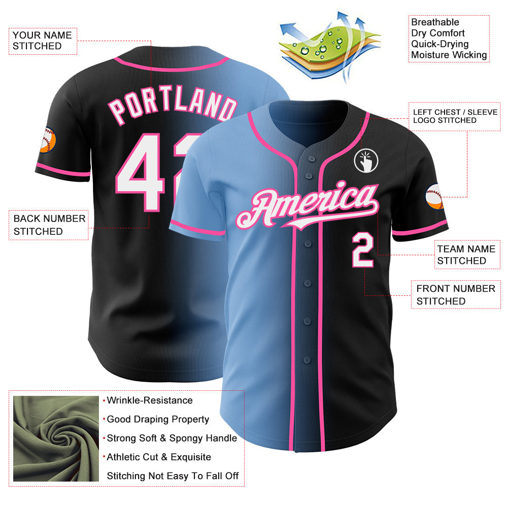 Custom Black White Light Blue-Pink Authentic Gradient Fashion Baseball Jersey view 3