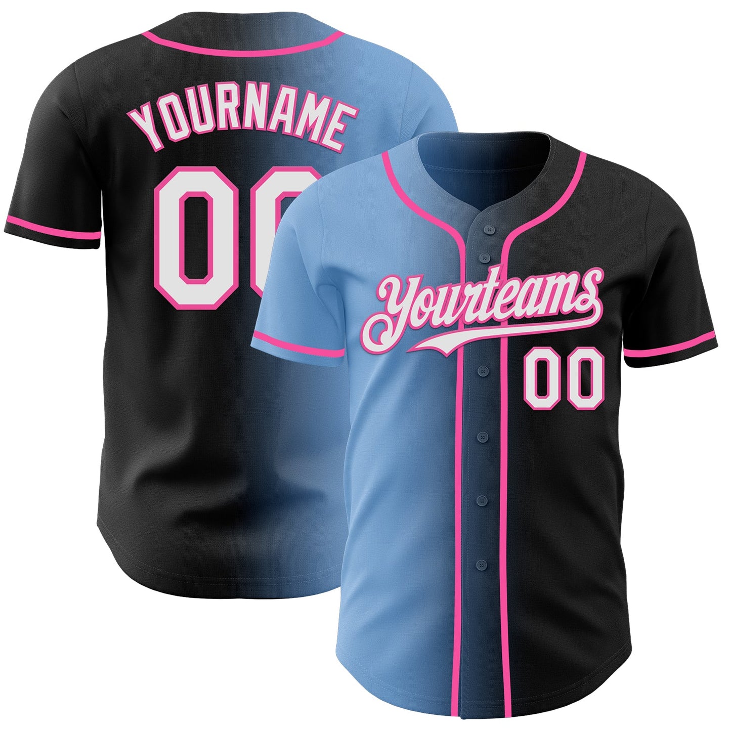 Custom Black White Light Blue-Pink Authentic Gradient Fashion Baseball Jersey - Main View