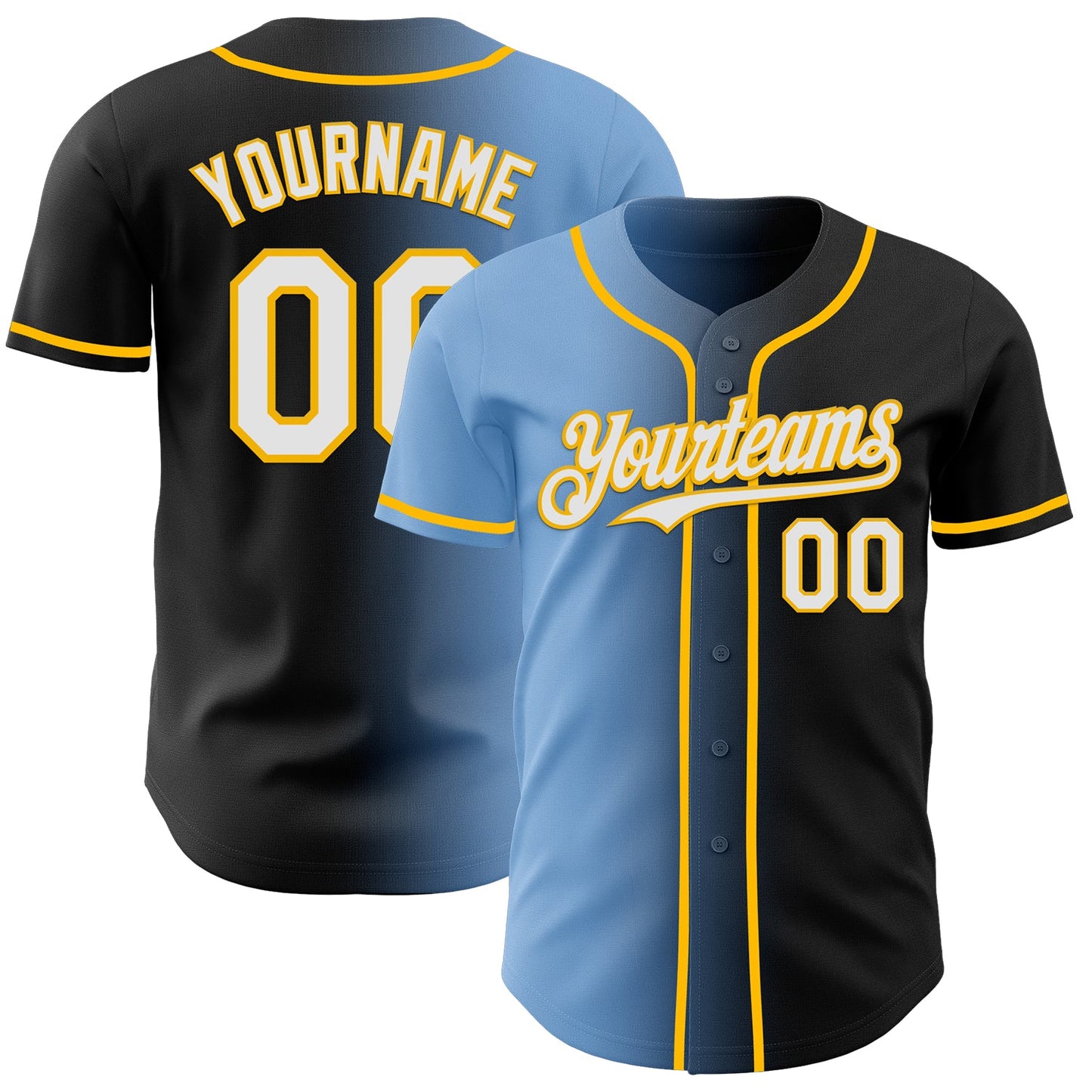 Custom Black White Light Blue-Gold Authentic Gradient Fashion Baseball Jersey - Main View
