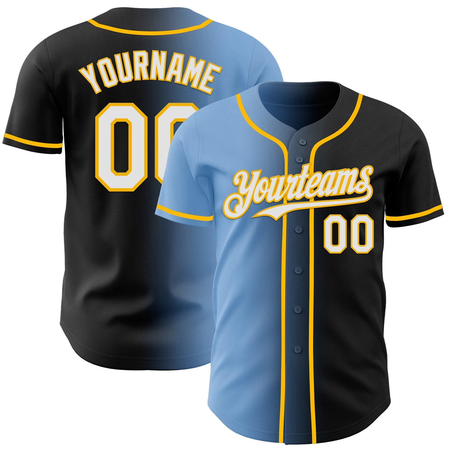 Custom Black White Light Blue-Gold Authentic Gradient Fashion Baseball Jersey - Main View