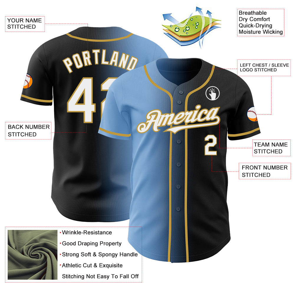 Custom Black White Light Blue-Old Gold Authentic Gradient Fashion Baseball Jersey view 3