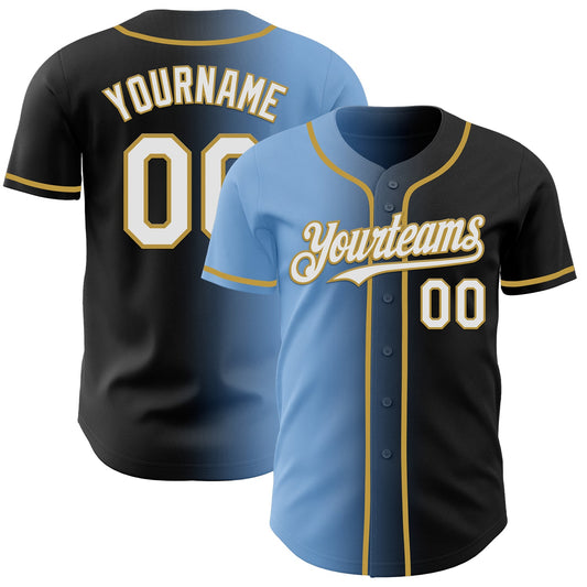Custom Black White Light Blue-Old Gold Authentic Gradient Fashion Baseball Jersey - Main View