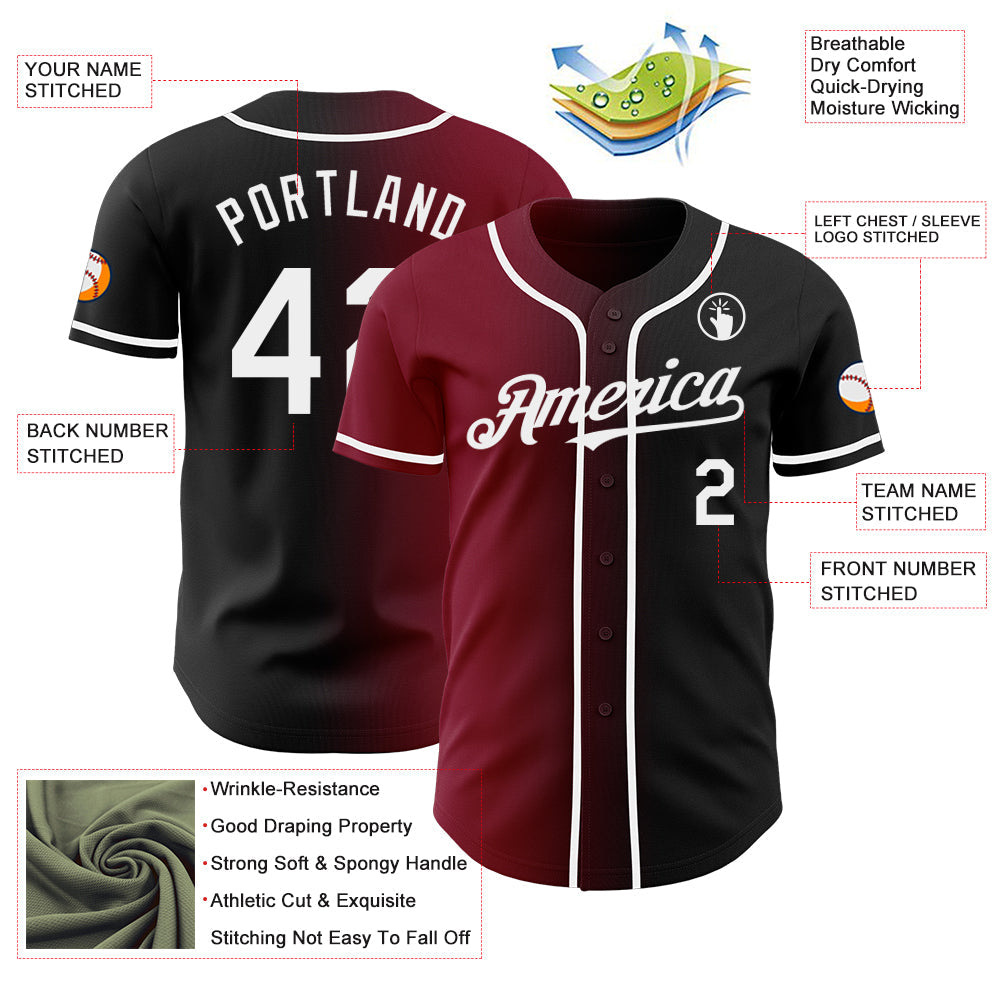Custom Black White-Crimson Authentic Gradient Fashion Baseball Jersey view 3