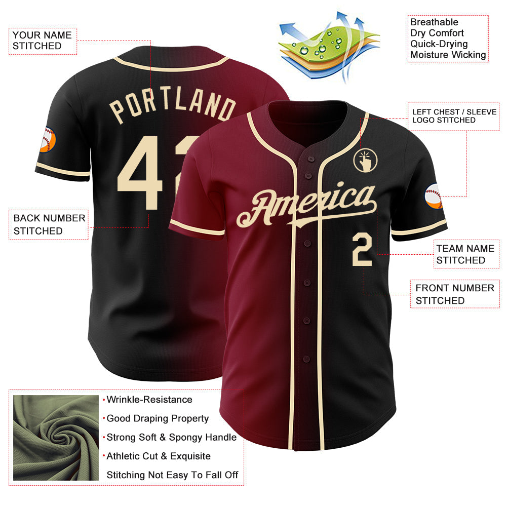 Custom Black Cream-Crimson Authentic Gradient Fashion Baseball Jersey view 3