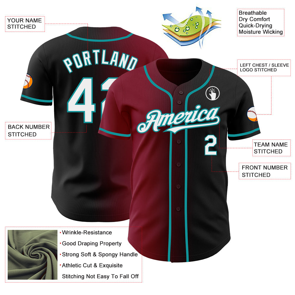Custom Black White Crimson-Teal Authentic Gradient Fashion Baseball Jersey view 3