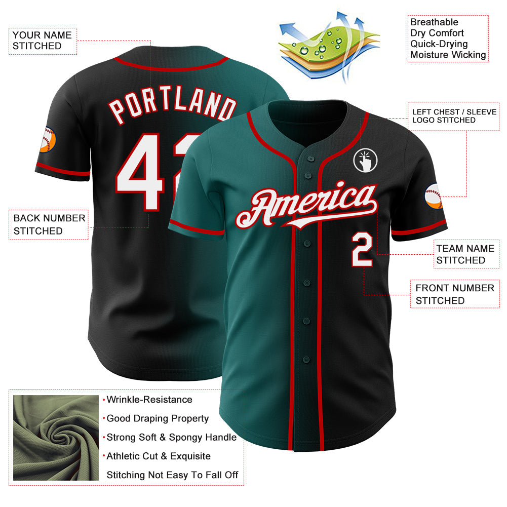 Custom Black White Teal-Red Authentic Gradient Fashion Baseball Jersey view 3