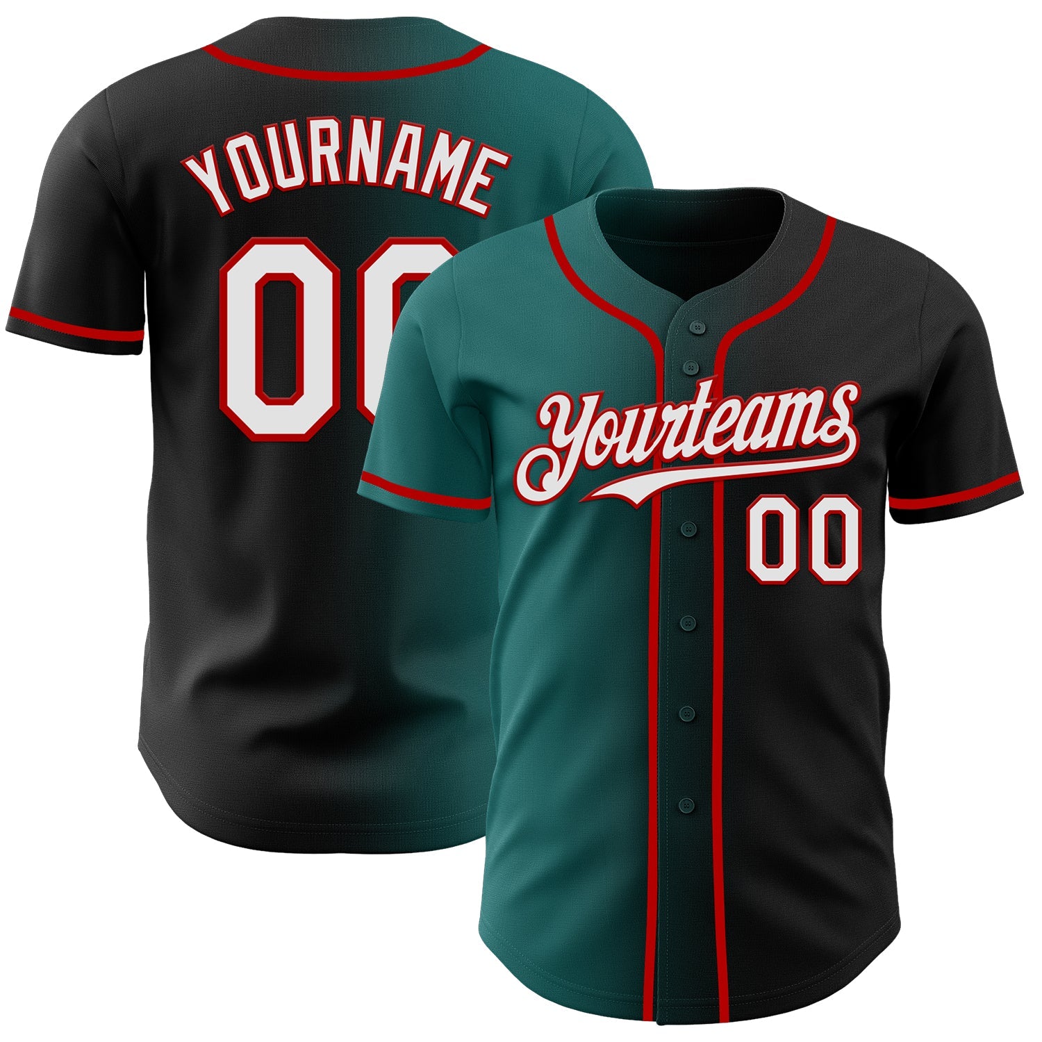 Custom Black White Teal-Red Authentic Gradient Fashion Baseball Jersey - Main View