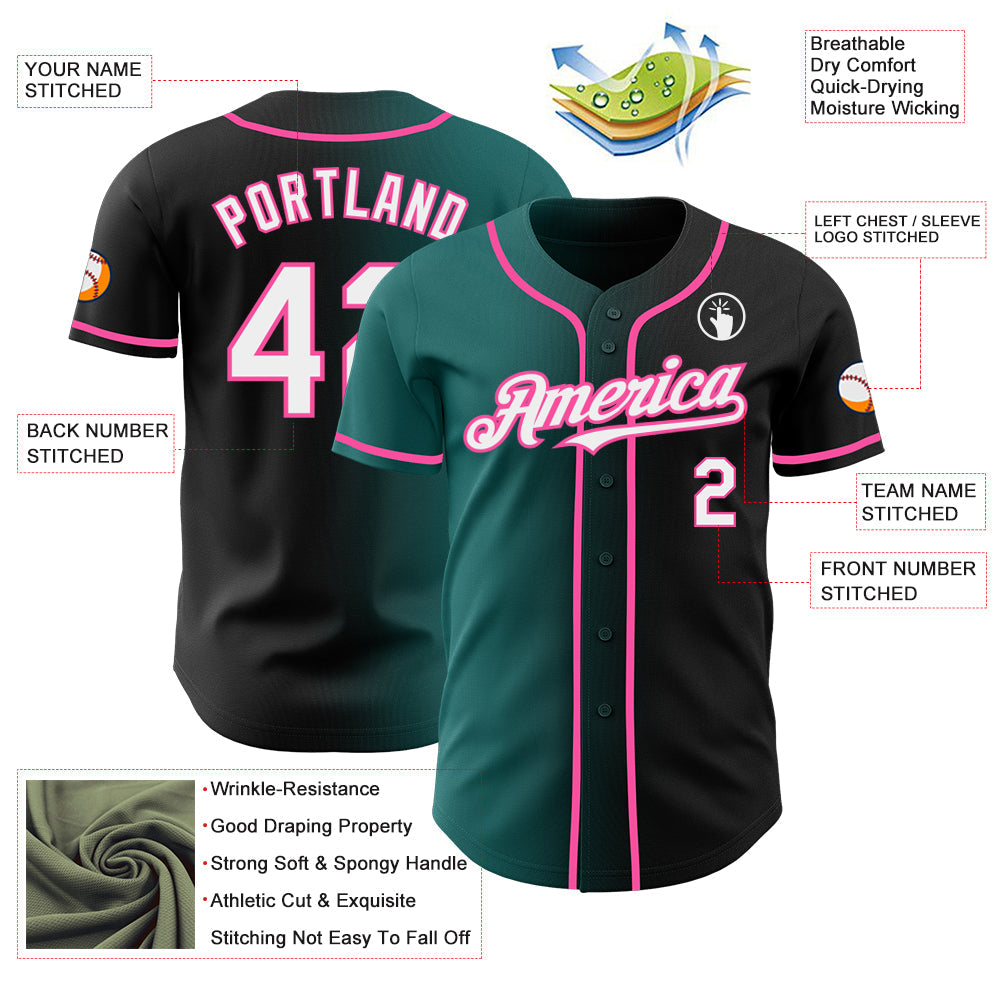 Custom Black White Teal-Pink Authentic Gradient Fashion Baseball Jersey view 3