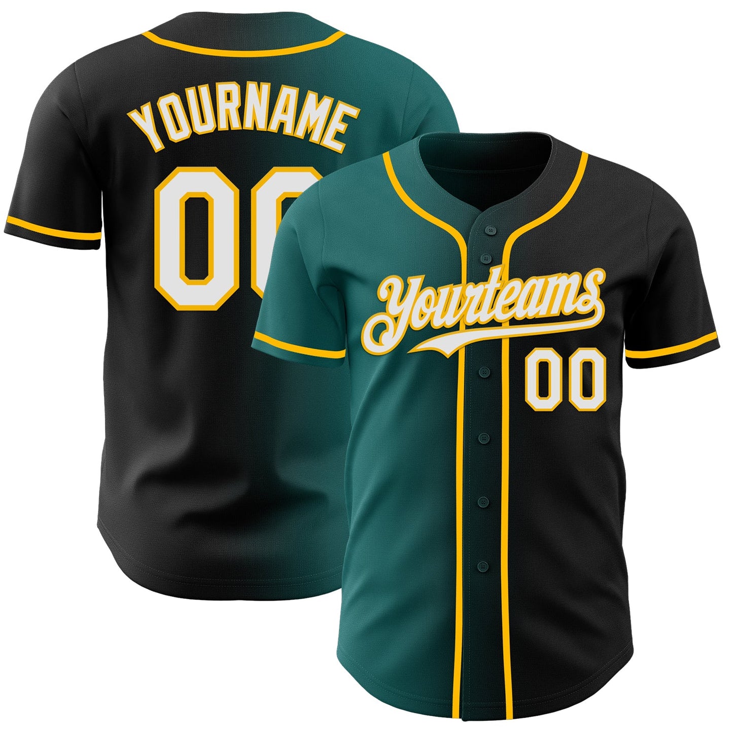Custom Black White Teal-Gold Authentic Gradient Fashion Baseball Jersey - Main View