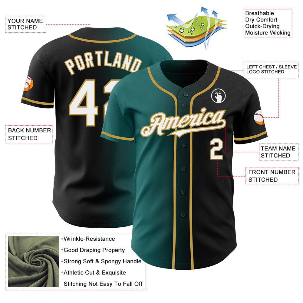 Custom Black White Teal-Old Gold Authentic Gradient Fashion Baseball Jersey view 3