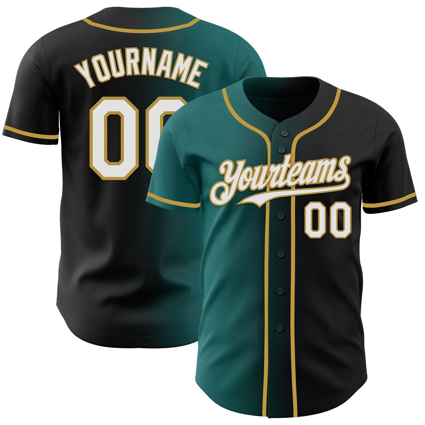 Custom Black White Teal-Old Gold Authentic Gradient Fashion Baseball Jersey - Main View