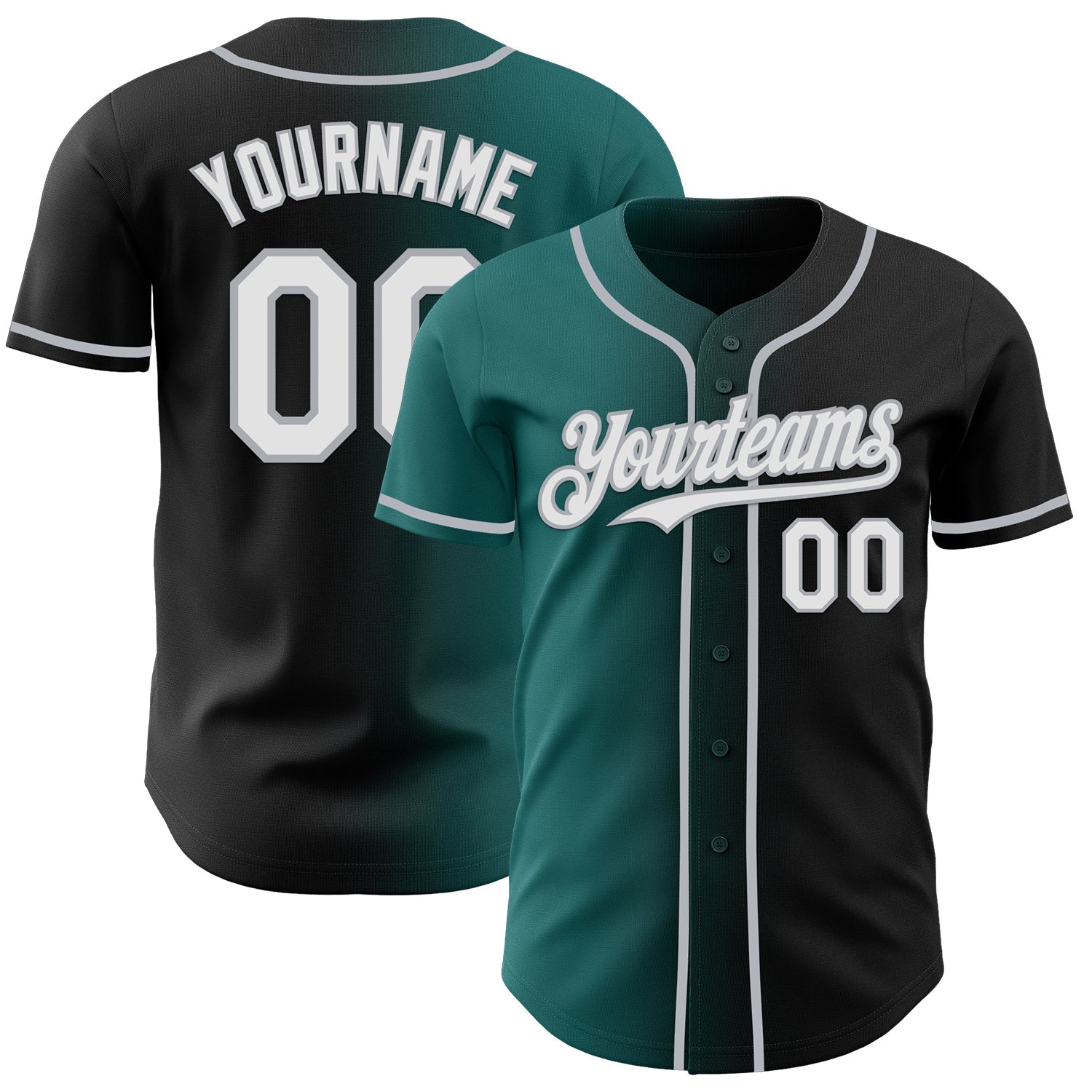 Custom Black White Teal-Gray Authentic Gradient Fashion Baseball Jersey - Main View