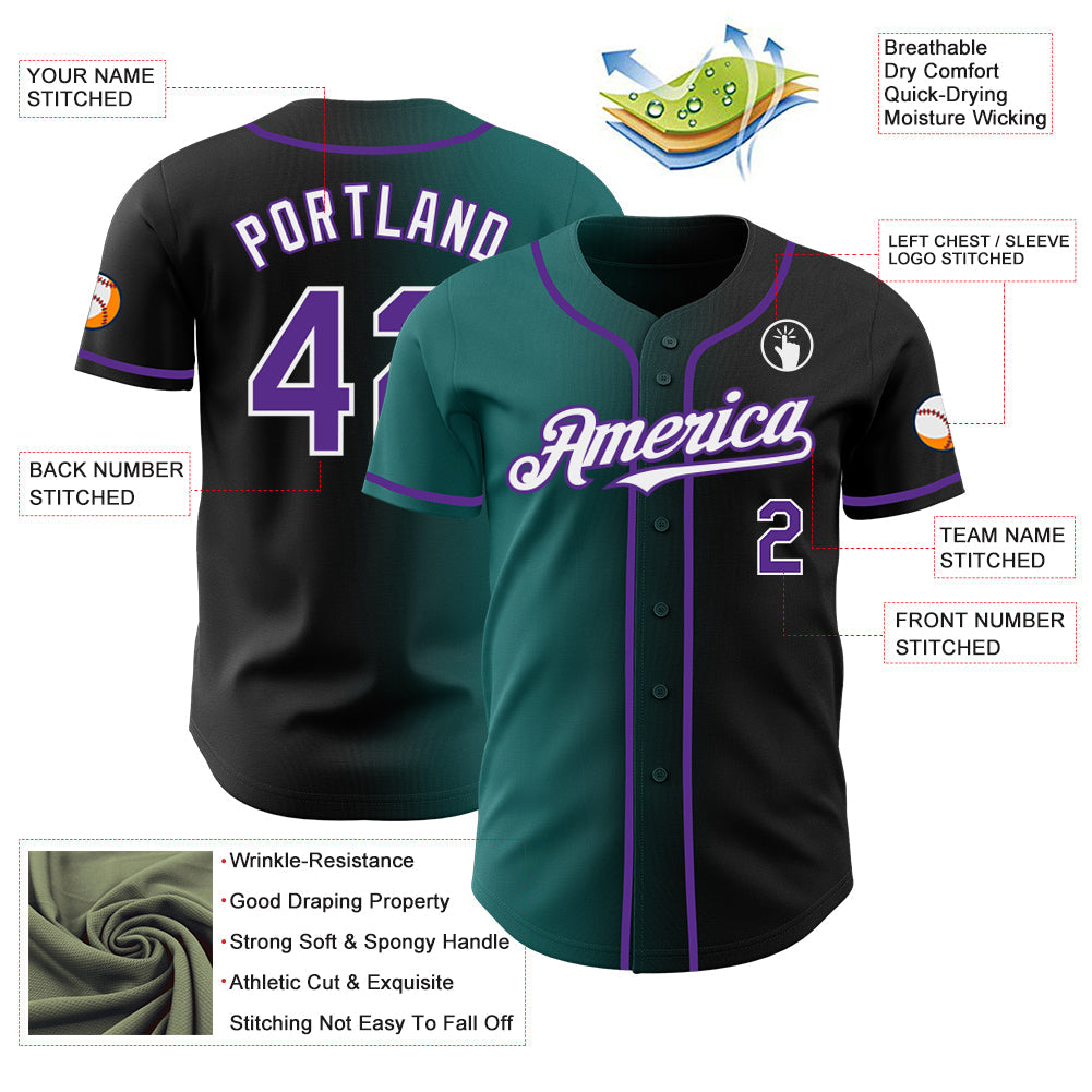 Custom Black Purple Teal-White Authentic Gradient Fashion Baseball Jersey view 3