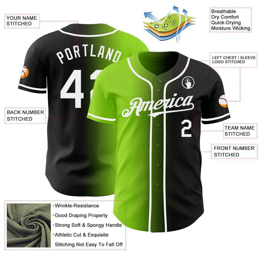 Custom Black White-Neon Green Authentic Gradient Fashion Baseball Jersey view 3