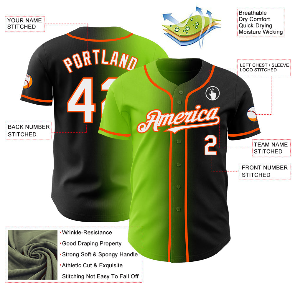 Custom Black White Neon Green-Orange Authentic Gradient Fashion Baseball Jersey view 3