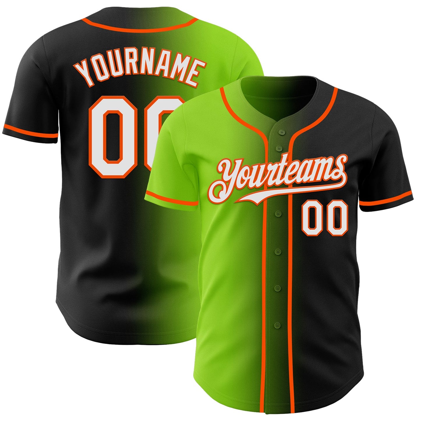 Custom Black White Neon Green-Orange Authentic Gradient Fashion Baseball Jersey - Main View