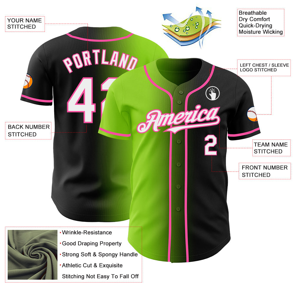 Custom Black White Neon Green-Pink Authentic Gradient Fashion Baseball Jersey view 3