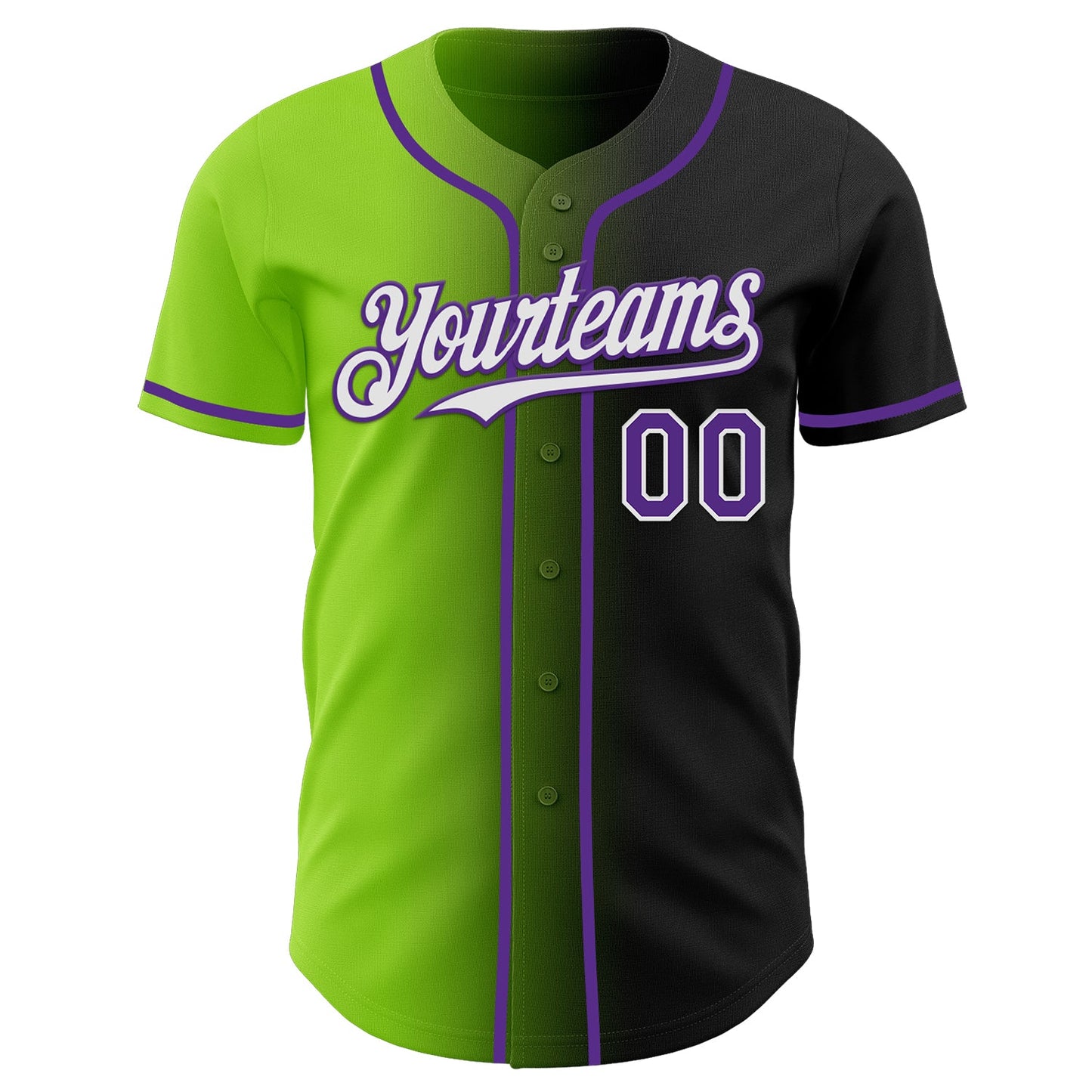 Custom Black Purple Neon Green-White Authentic Gradient Fashion Baseball Jersey view 2