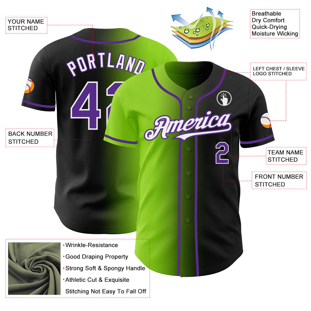 Custom Black Purple Neon Green-White Authentic Gradient Fashion Baseball Jersey view 3