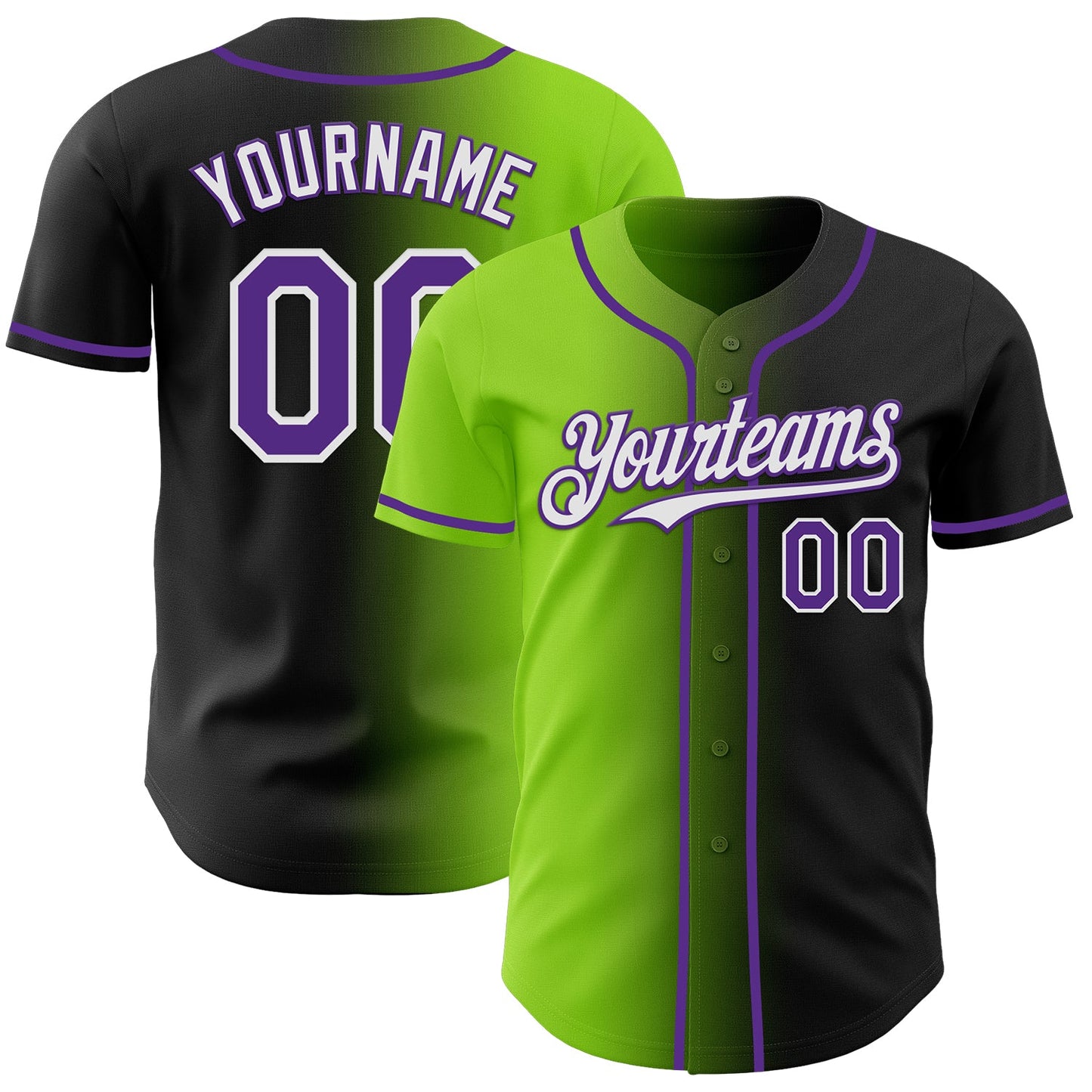 Custom Black Purple Neon Green-White Authentic Gradient Fashion Baseball Jersey - Main View