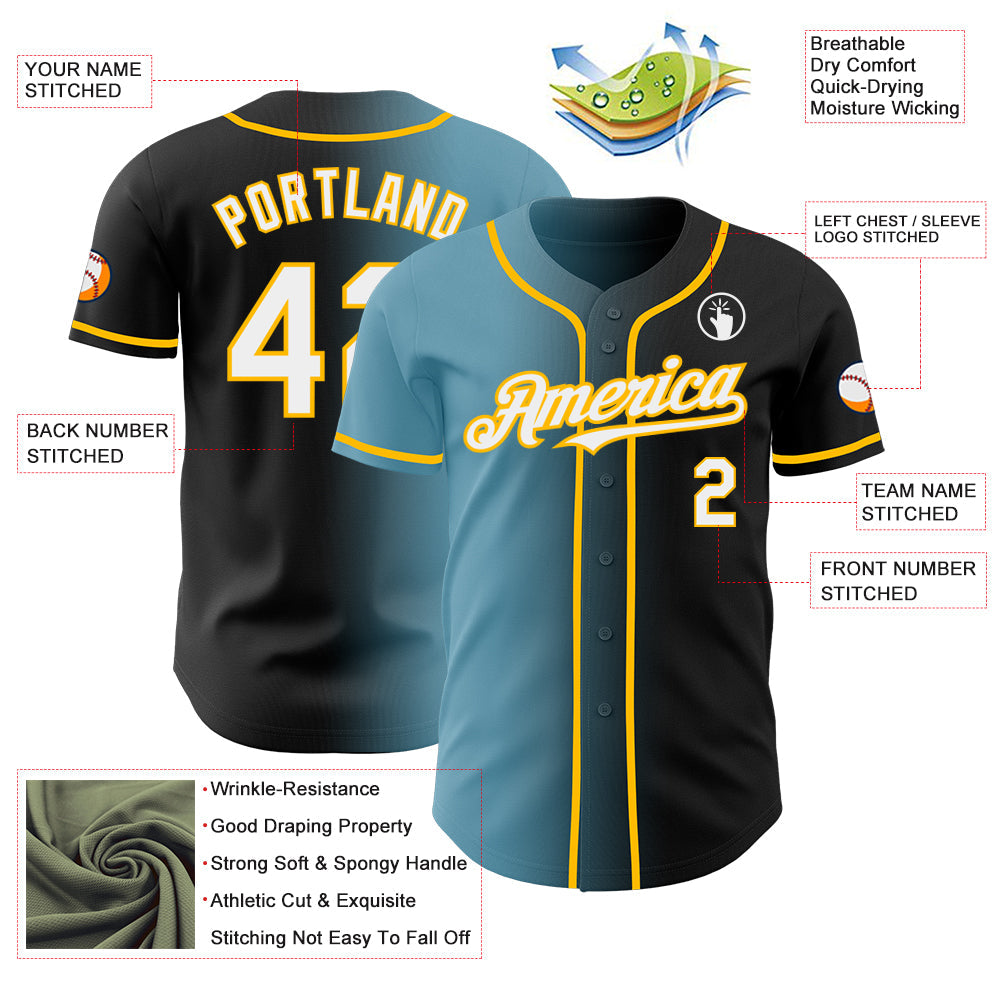 Custom Black White Shadow Blue-Gold Authentic Gradient Fashion Baseball Jersey view 3