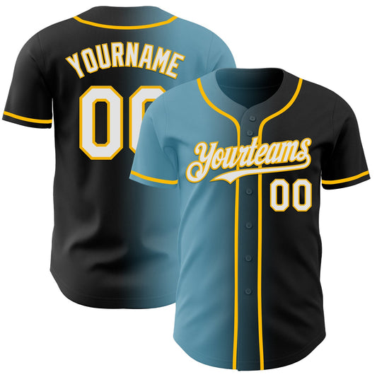 Custom Black White Shadow Blue-Gold Authentic Gradient Fashion Baseball Jersey - Main View