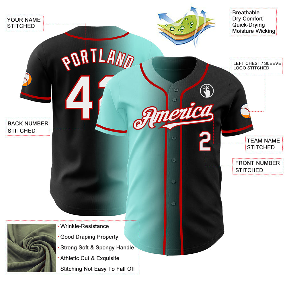 Custom Black White Ice Blue-Red Authentic Gradient Fashion Baseball Jersey view 3