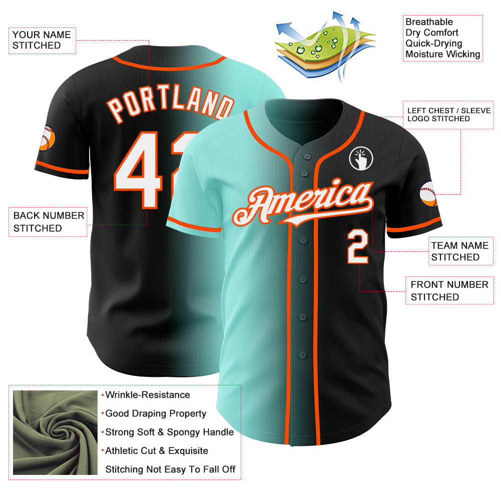 Custom Black White Ice Blue-Orange Authentic Gradient Fashion Baseball Jersey view 3