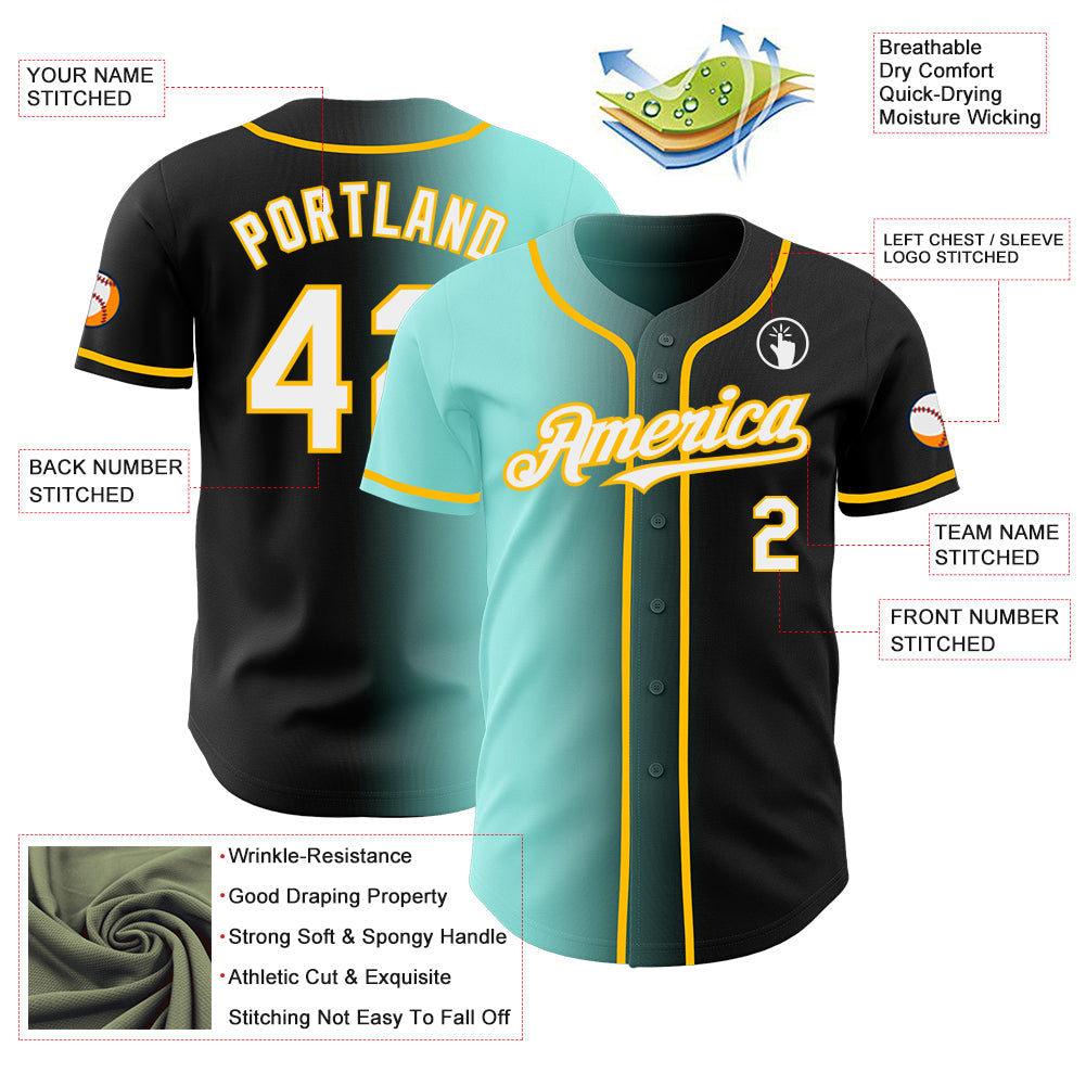 Custom Black White Ice Blue-Gold Authentic Gradient Fashion Baseball Jersey view 3