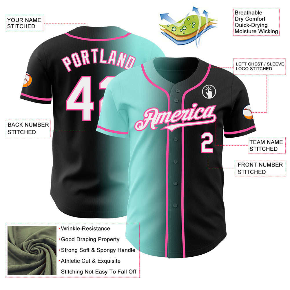 Custom Black White Ice Blue-Pink Authentic Gradient Fashion Baseball Jersey view 3