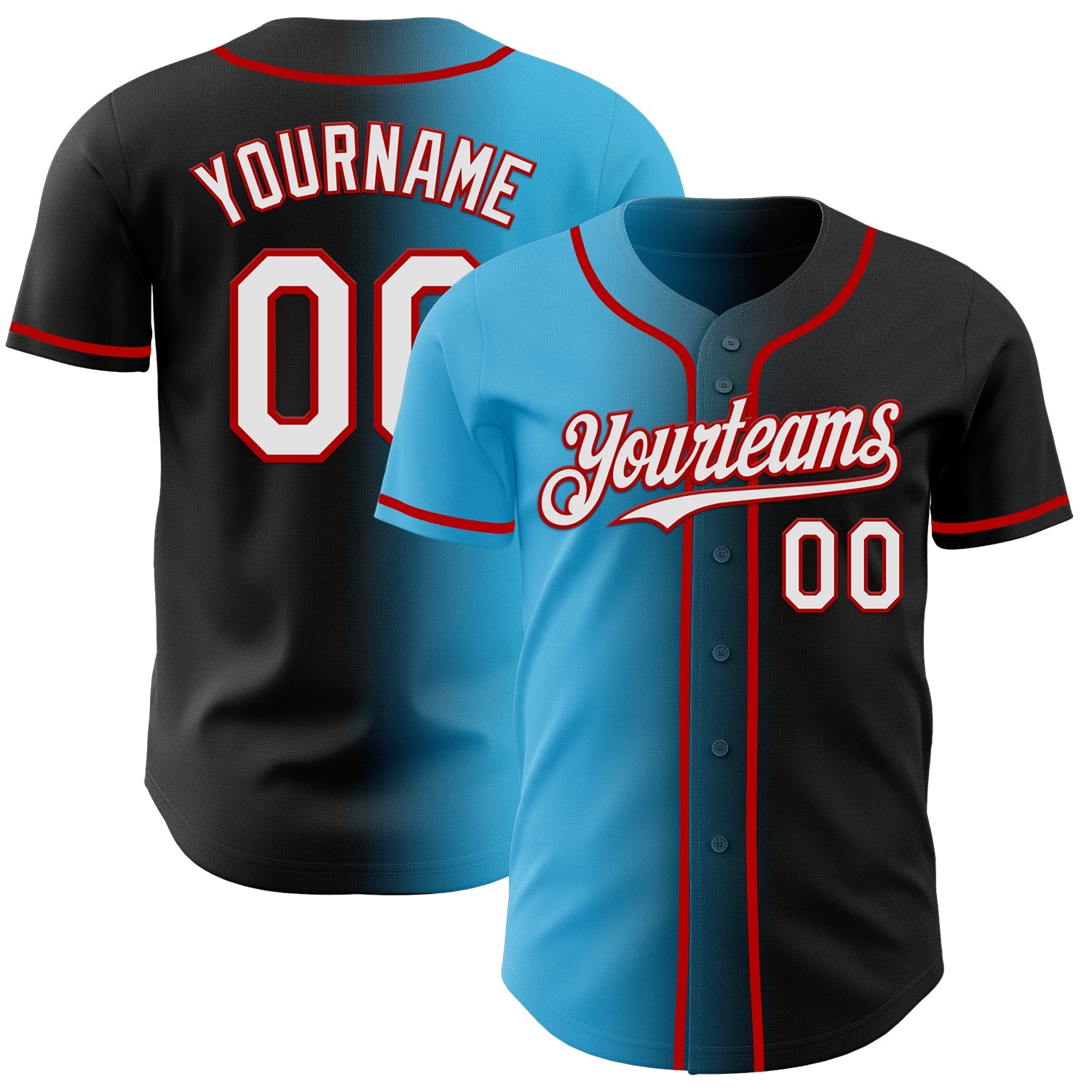 Custom Black White Sky Blue-Red Authentic Gradient Fashion Baseball Jersey - Main View