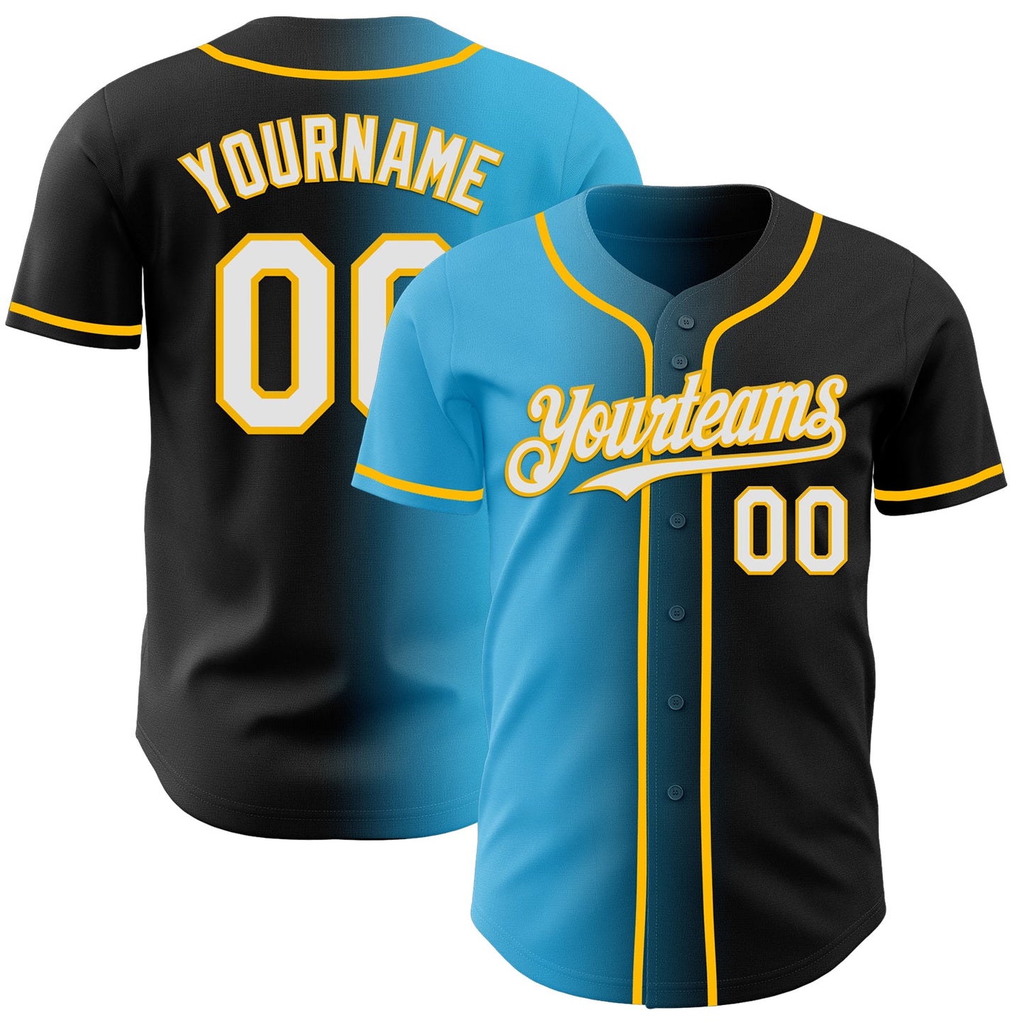 Custom Black White Sky Blue-Gold Authentic Gradient Fashion Baseball Jersey - Main View