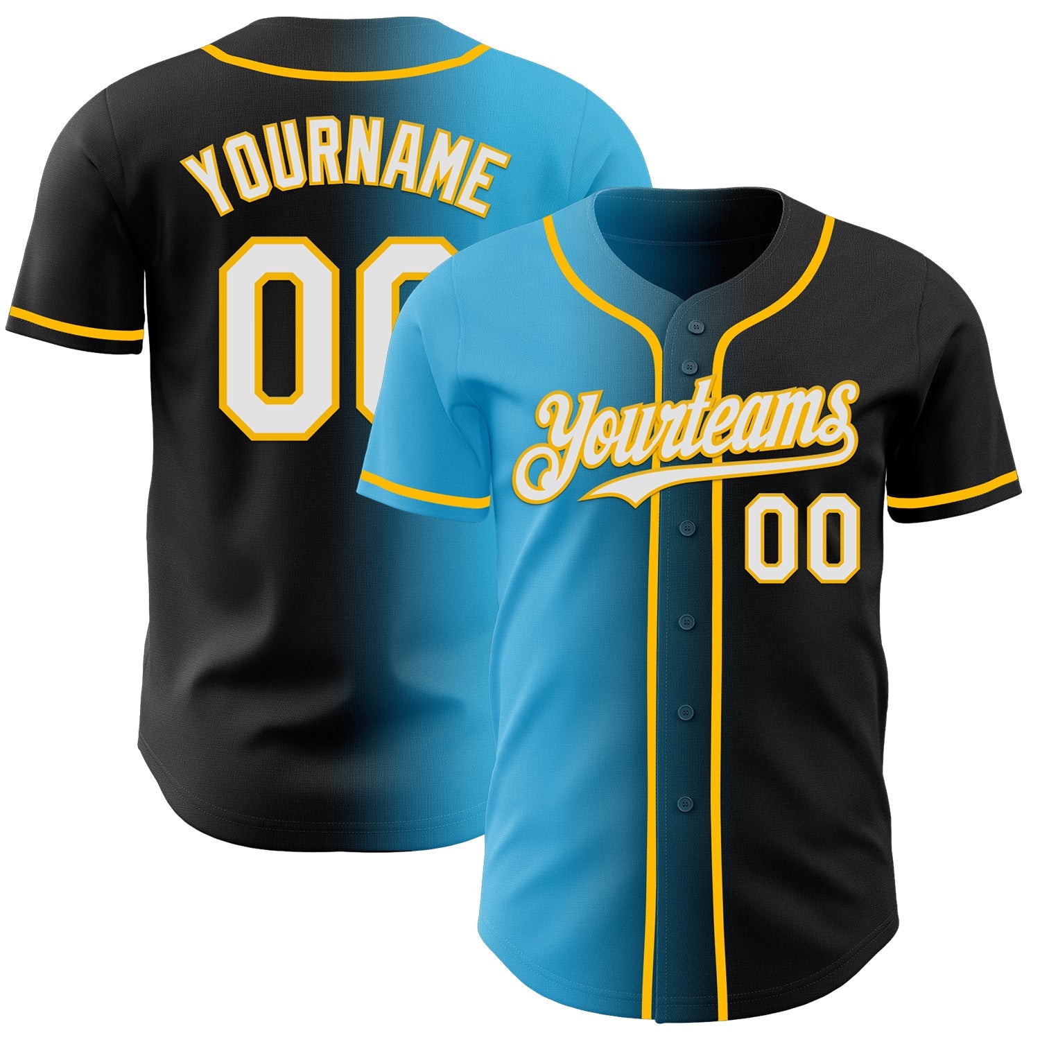 Custom Black White Sky Blue-Gold Authentic Gradient Fashion Baseball Jersey - Main View