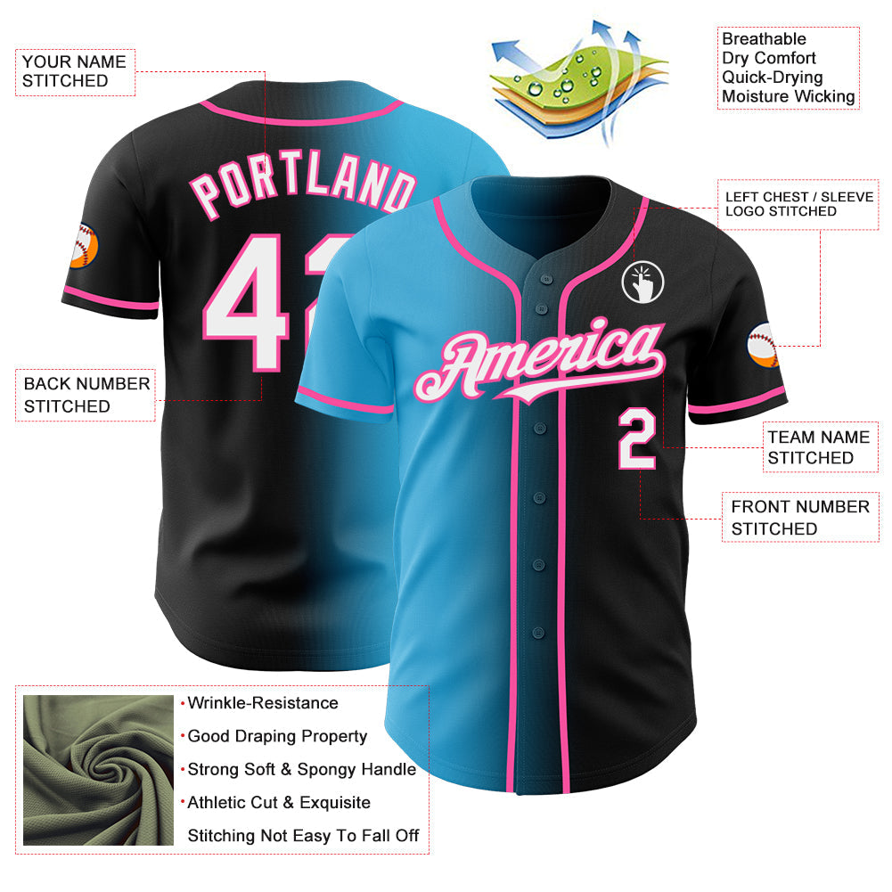 Custom Black White Sky Blue-Pink Authentic Gradient Fashion Baseball Jersey view 3
