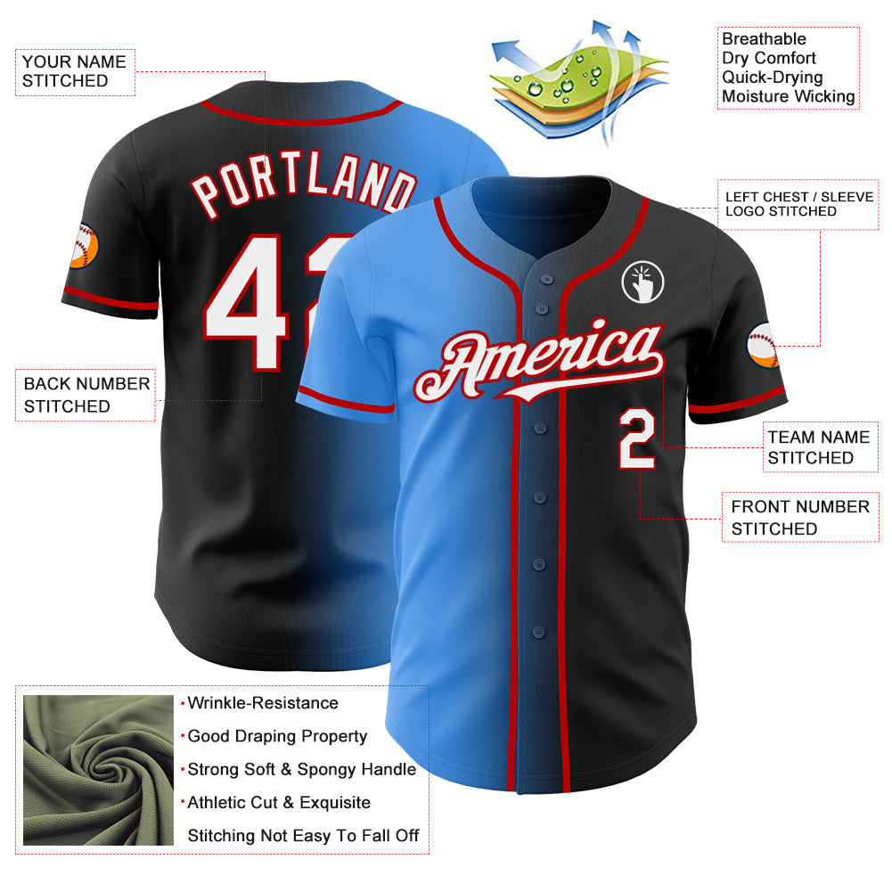 Custom Black White Electric Blue-Red Authentic Gradient Fashion Baseball Jersey view 3