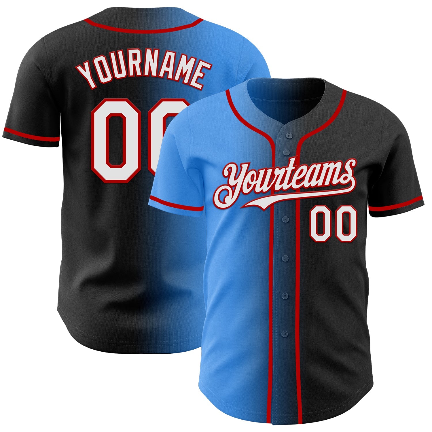 Custom Black White Electric Blue-Red Authentic Gradient Fashion Baseball Jersey - Main View